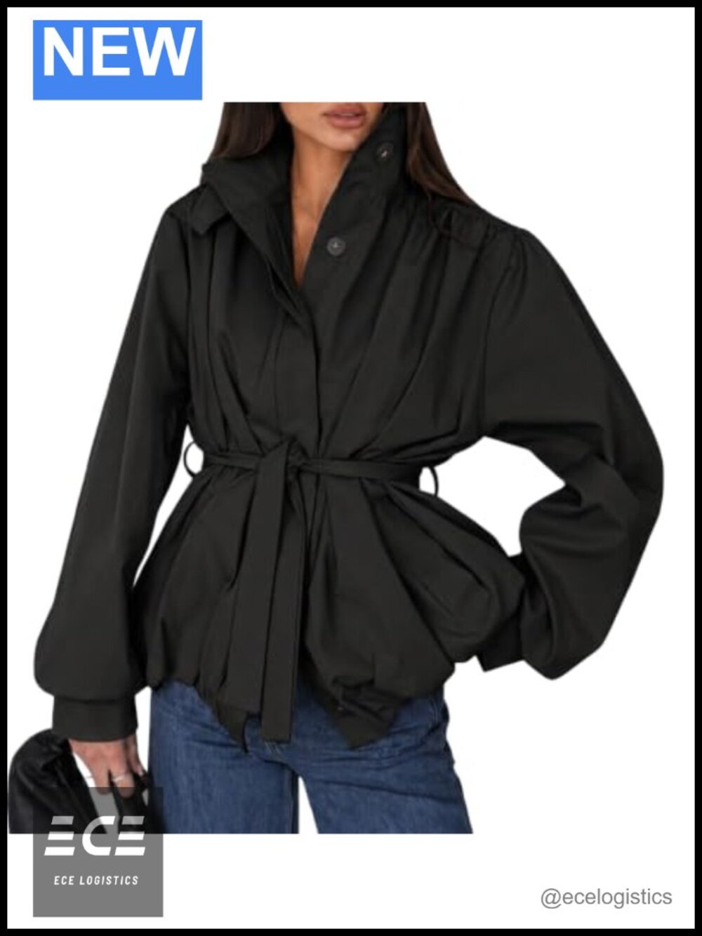 Womens Trendy Funnel Neck Belted Trench Coat Casual Button Down